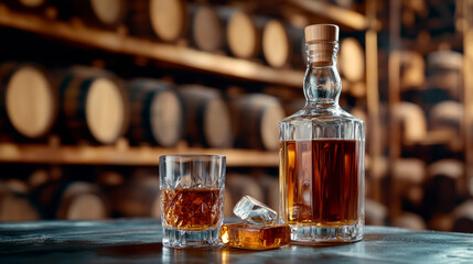 Elegant bar setting with bourbon bottle and glass in rustic cellar ambiance