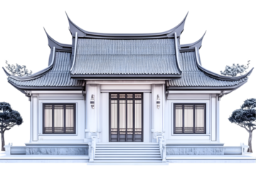 3D Illustration Asian Temple Exterior Design. Isolated White Building with Gray Roof and Dark Gray Details. Oriental Architecture Front View. Illustration