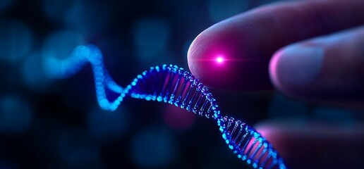 Abstract image depicting a finger touching a glowing DNA strand in a dark setting