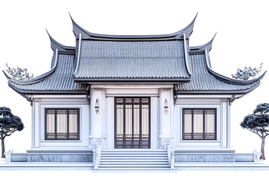 3D Illustration Asian Temple Exterior Design. Isolated White Building with Gray Roof and Dark Gray Details. Oriental Architecture Front View. Illustration