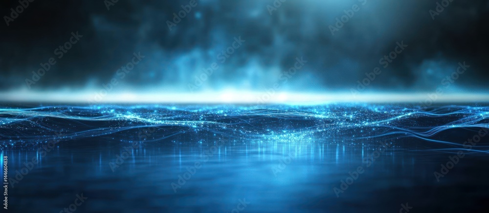 Aufkleber abstract blue fractal wave landscape with particle light glow rendering