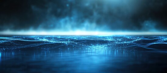 Abstract blue fractal wave landscape with particle light glow rendering