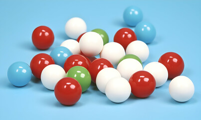 Colorful Spheres A collection of red, white, green, and blue round balls scattered on a light blue background
