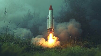 Obraz premium Rocket launch in misty forest