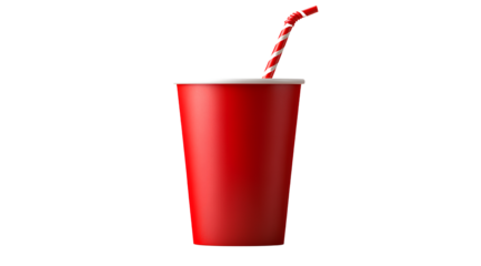 White paper cup with red straw isolated on transparent background, PNG file, white background, PNG format.