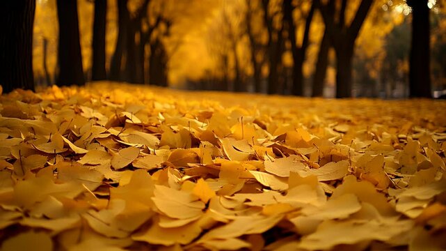 A serene autumn scene featuring a path covered in vibrant yellow ginkgo leaves, framed by trees in a tranquil park