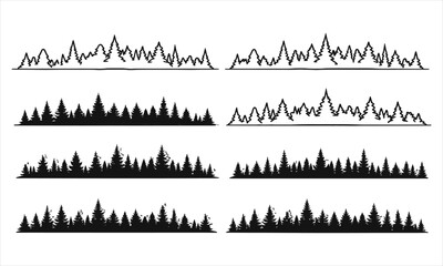 Obraz premium Set of hand-drawn and solid black pine tree silhouette rows in various styles and arrangements, representing dense coniferous forest outlines across a white background.