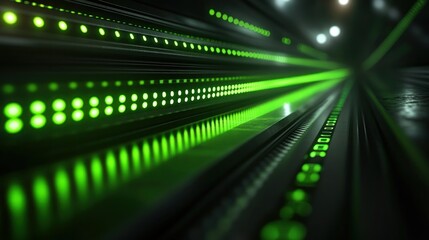 Futuristic server room with glowing green lights