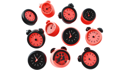 3D Illustration Floating Red And Black Alarm Clocks Transparent Background