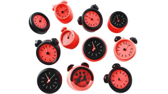 3D Illustration Floating Red And Black Alarm Clocks Transparent Background