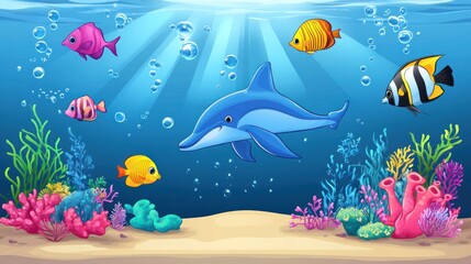 Underwater scene with colorful fish and dolphin