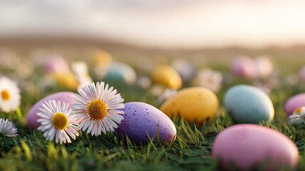 A dreamy field of pastel Easter eggs scattered among daisy flowers.