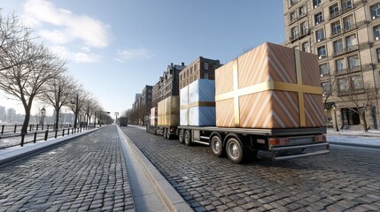 Naklejka premium Christmas presents in delivery truck, snow covered streetscape, holiday spirit - scene wrapping background festive