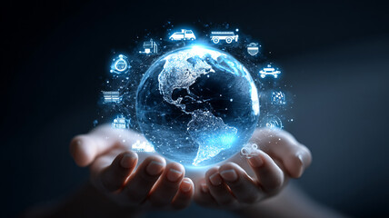 A glowing holographic globe is held in hands, surrounded by transport and logistics icons.