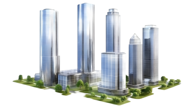 3D Illustration Isolated Cityscape with Modern Skyscrapers and Park Transparent Background