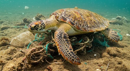 Sea Turtle Entangled in Plastic (Photo)