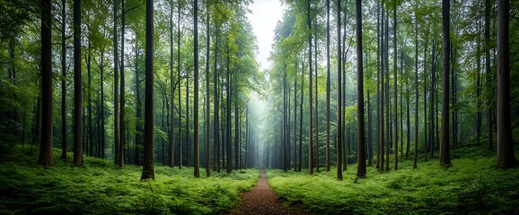 Obraz premium Lush green forest pathway, tall trees, misty atmosphere, tranquil scene, natural beauty