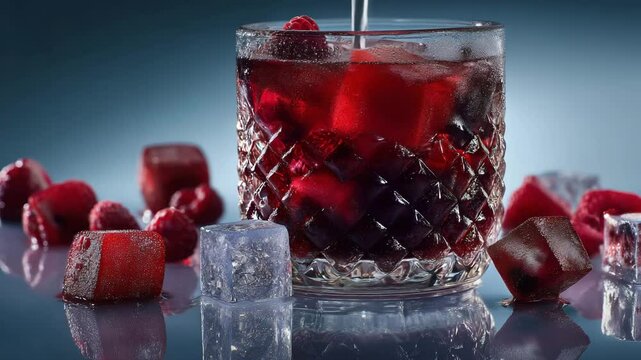 Close up view of a refreshing raspberry drink in a cut glass tumbler. Ice cubes and fresh raspberries surround the glass on a reflective surface. Dark blue background. 