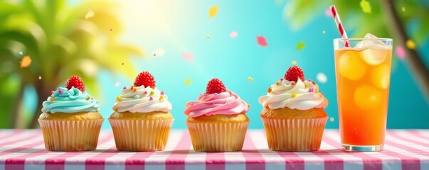 Vibrant birthday backdrop featuring a selection of scrumptious cupcakes and fizzy soda on a sunny day, treats, joyful, refreshments