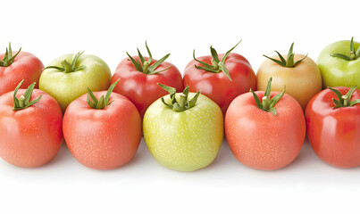 Fresh tomatoes show red and green hues, with leafy green stems and a crisp, bright appearance