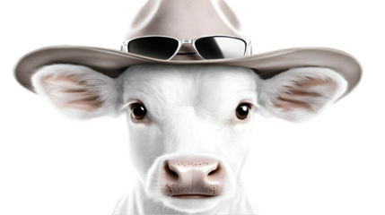 Cute White Calf Wearing Cowboy Hat And Sunglasses Portrait Illustration