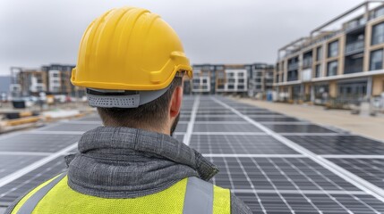 Back view of worker installing solar panels on yellow building, sustainable energy project - bright sunshine worker construction photovoltaic