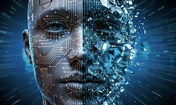 AI face; one side circuit, the other fractured. Blue hues illuminate the techy visage
