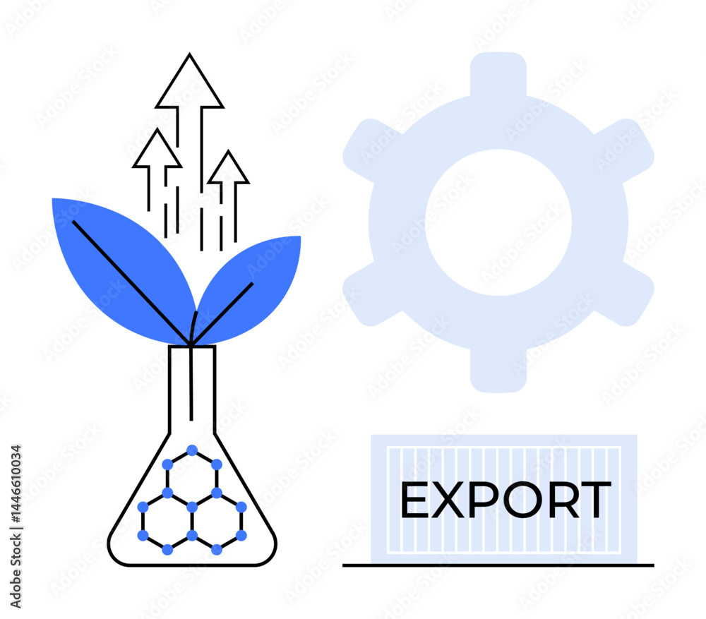 Aufkleber lab flask with plant and arrows symbolizing growth, cog for technology, and labeled container for ex