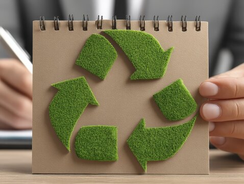 Businessperson reviewing a green sustainable recycling initiative report - environmental bin clipboard green