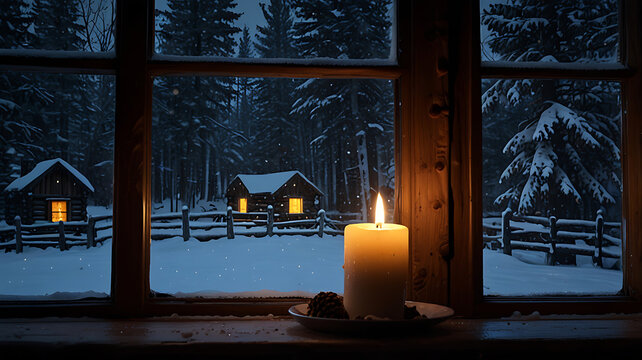 Cozy Winter Cabin at Night: Candlelit Interior Glows Through Window Against Snow-Covered Forest Scene