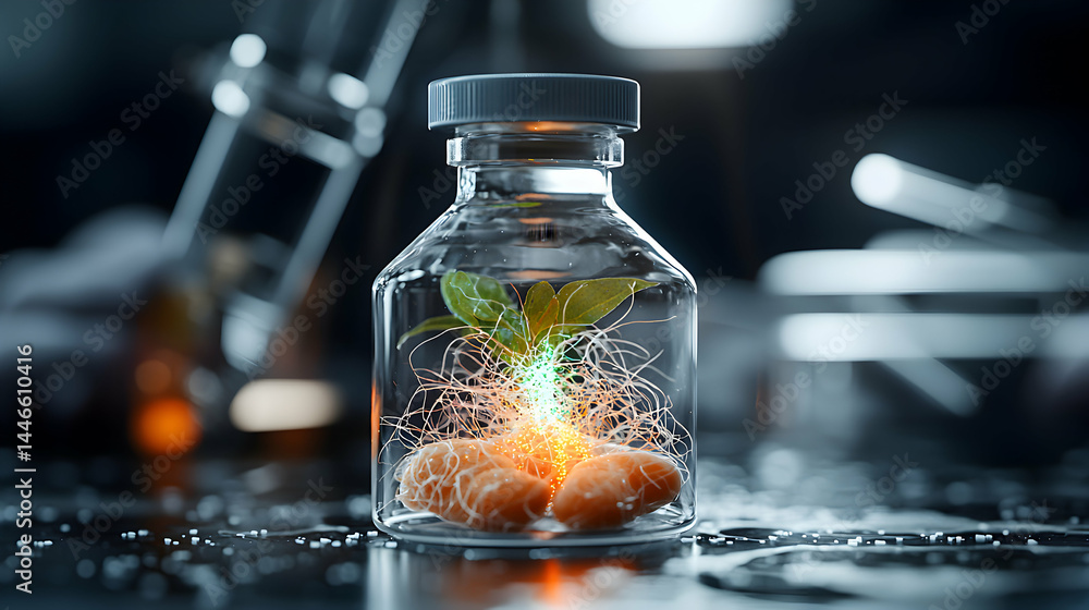 Poster a lab flask holds a plant-like structure hinting at scientific advancement. it could represent advan