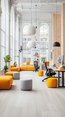 Bright, modern office interior with orange furniture and large windows