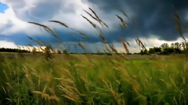 Dramatic time-lapse of storm clouds rolling in over a golden rural field, showcasing changing light conditions, powerful winds swaying the grass, and the raw energy of approaching weather.