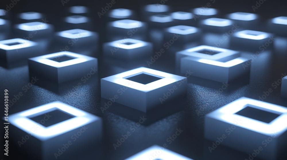 Poster illuminated square pattern: futuristic technological grid with a subtle, glowing ambiance