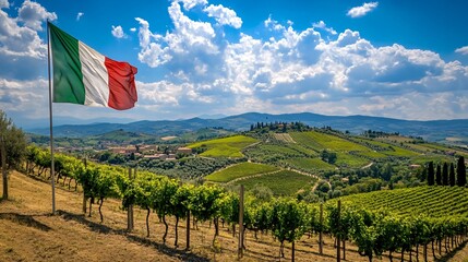 Italian countryside landscape with flag waving in wind.