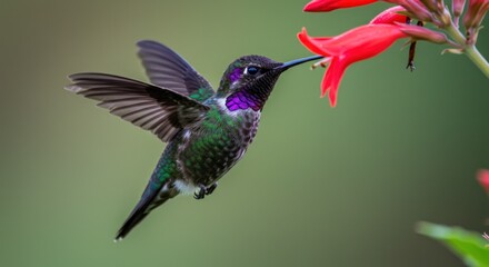 Naklejka premium Hummingbird feeding on red flower, Photo