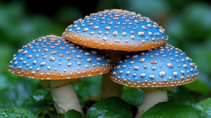 Three blue mushrooms amidst lush greenery
