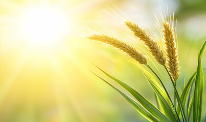 Golden wheat stalks gleam in bright sunlight against a blurry, light green background, conveying warmth and harvest