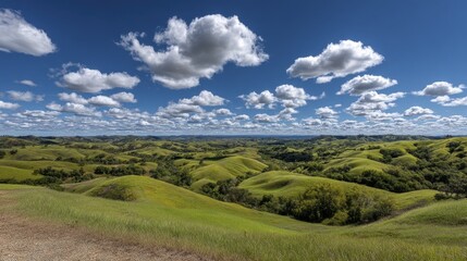 Obraz premium Stunning panoramic view of a verdant meadow, rolling hills, abundant greenery Ideal for travel, nature documentaries - landscape pasture farmland scenic