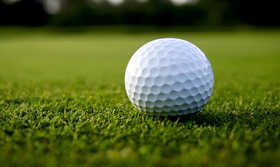 Obraz premium Golf ball close-up on lush green grass. Soft, shallow focus, with natural light and muted green