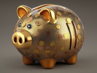 A magnificent piggy bank filled with golden coins, representing substantial savings - retirement piggy bank metallic riches detailed