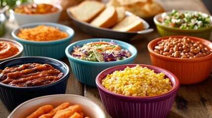 Diverse selection of colorful dishes in bowls on a wooden surface.