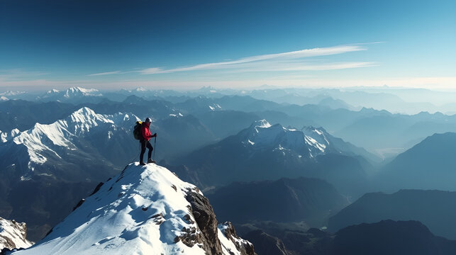 Conquering the Summit: A lone climber stands on a snow-capped mountain peak, a dramatic landscape of majestic mountains stretching out before him, symbolizing achievement and perseverance.