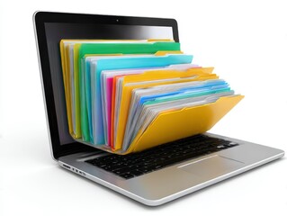 Laptop with folders isolated on white background