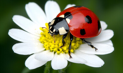 Fototapeta premium Ladybug perched on a daisy. The bug is red with black spots. Daisy is white with yellow center. Green blurred background
