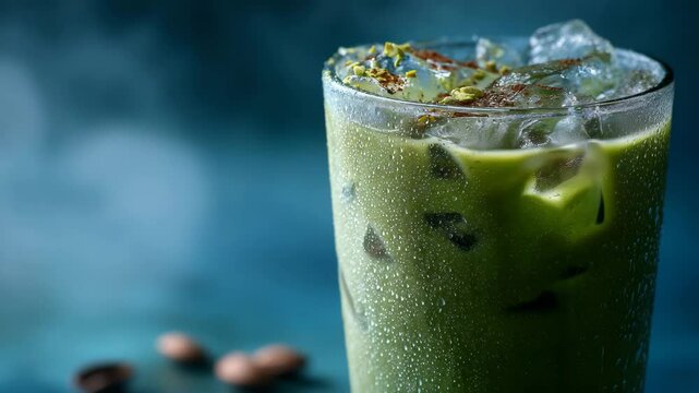 Close up of an iced matcha latte in a glass, condensation on the glass, sprinkled with cocoa powder and pistachio. Blue background with smoke and coffee beans.