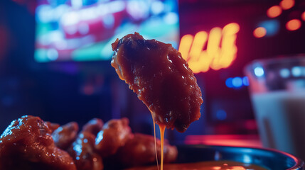 Game Day Gourmet: A Close-Up of Sticky, Glazed Chicken Wing Dipped in Creamy Sauce, Enjoyed While Watching a Gridiron Classic on a Vibrant Neon-Lit Television Screen.