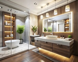 Fototapeta premium Chic Bathroom Decor: A chic and modern bathroom with sleek design, elegant fixtures, and stylish decor.