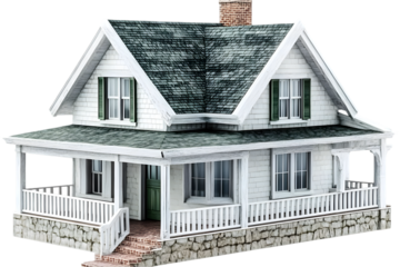 3D Illustration Of A Traditional White House With Green Roof And Porch Isolated Background
