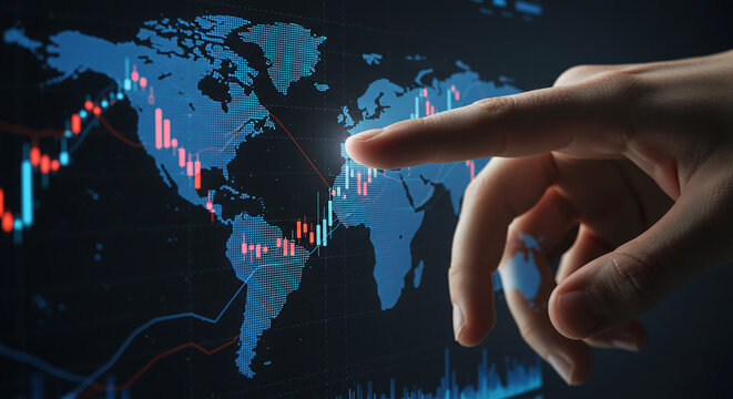 A hand pointing at a world map with stock market charts overlayed on a dark background with blue hues selling, purchasing,$, agreement